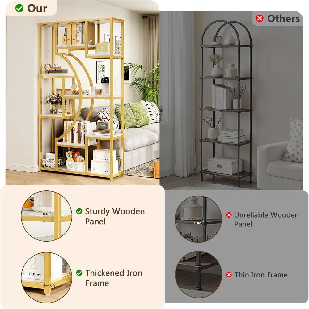 White And Gold Two Piece Bookshelf Set With Metal Frame
