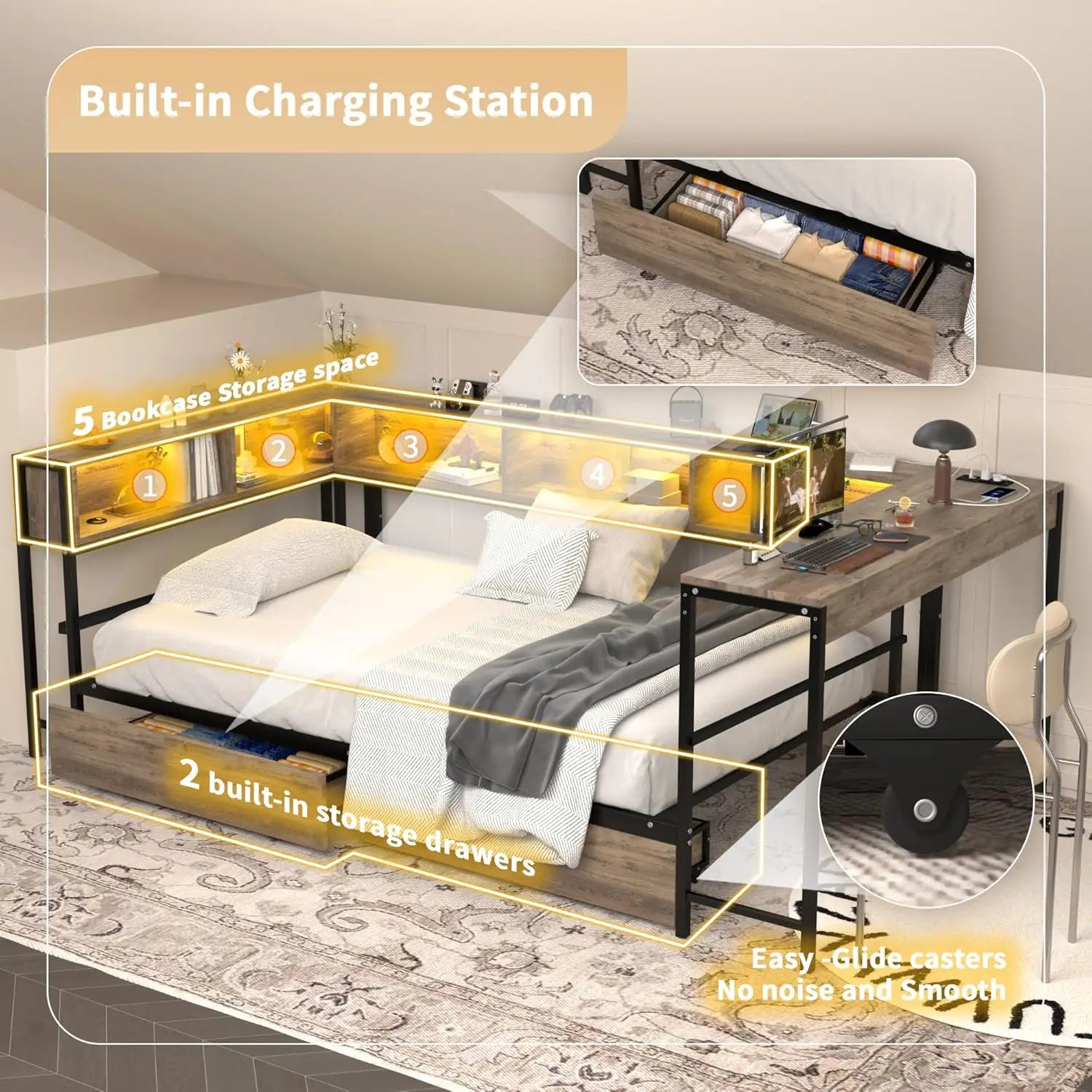 Corner Bed Frame With Storage Bookcase And LED Charging Station Metal Platform Twin Daybed With Drawers