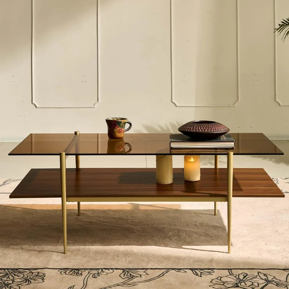 Mid Century Modern Large Glass Coffee Table With Gold Legs