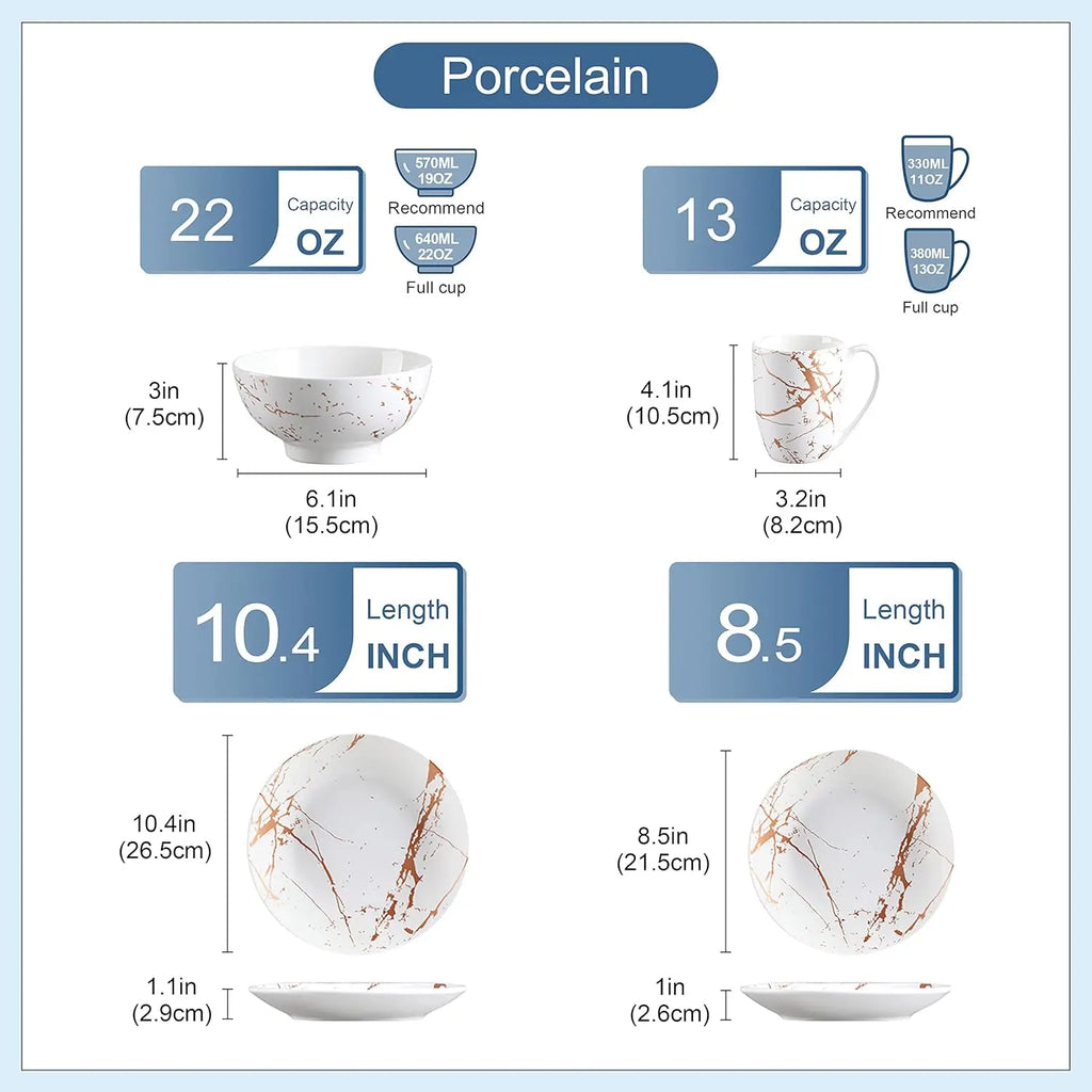 White Dinnerware Sets for 4, 16 Piece Porcelain Dish Set Plates and Bowls Sets, Gold Splash Glaze Ceramic Dinner Set with Mugs,