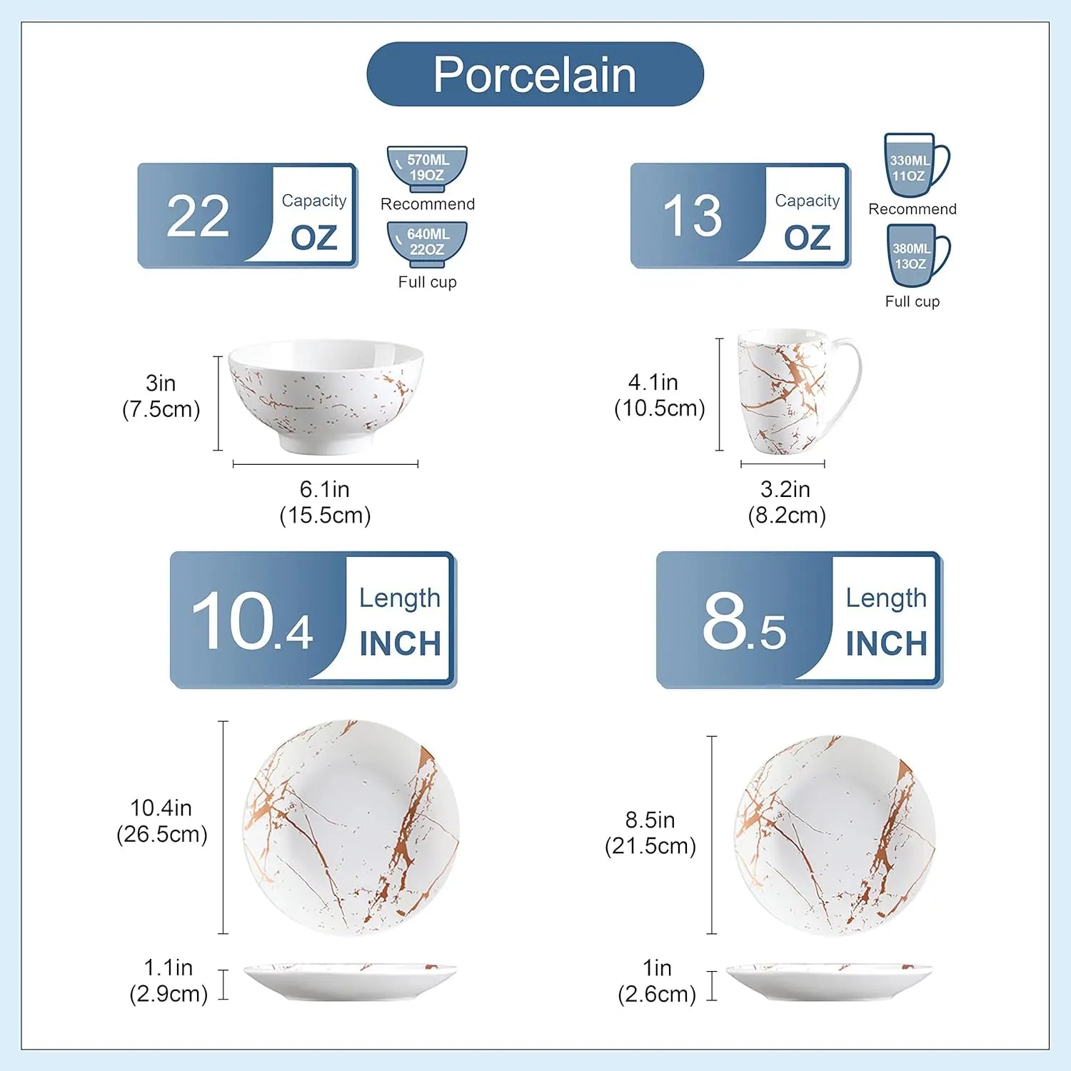 White Dinnerware Sets for 4, 16 Piece Porcelain Dish Set Plates and Bowls Sets, Gold Splash Glaze Ceramic Dinner Set with Mugs,