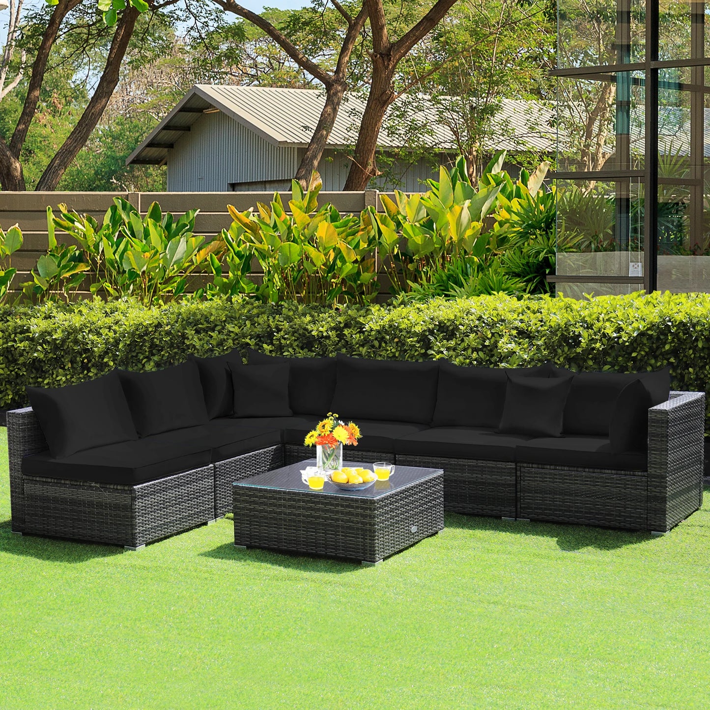 7PCS Patio Rattan Furniture Set Sectional Sofa Cushioned Garden Black