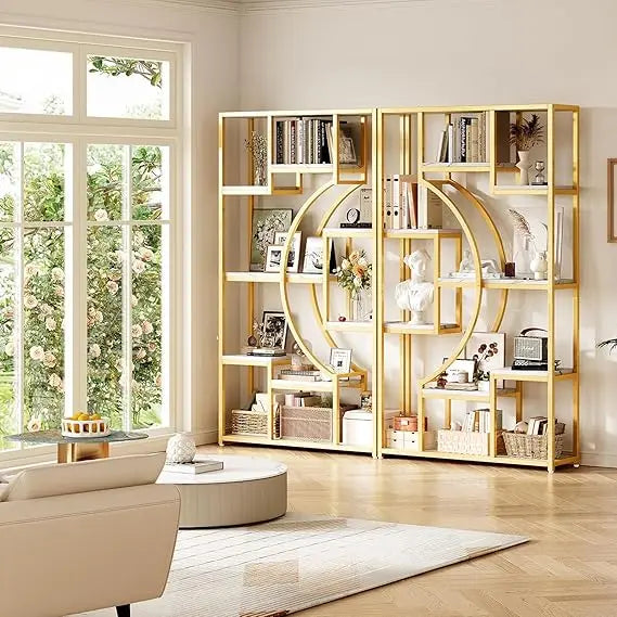 White And Gold Two Piece Bookshelf Set With Metal Frame
