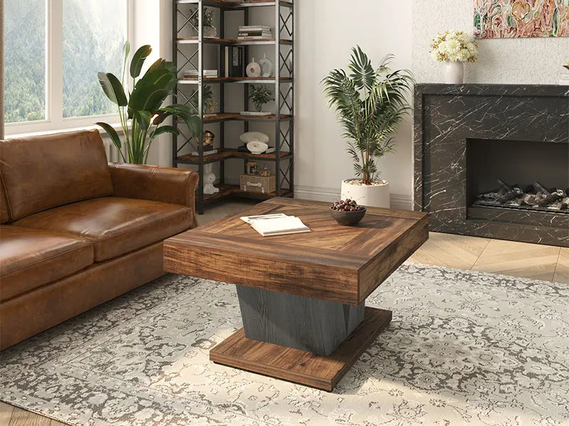 Little Tree Rustic Brown Square Coffee Table For Living Room