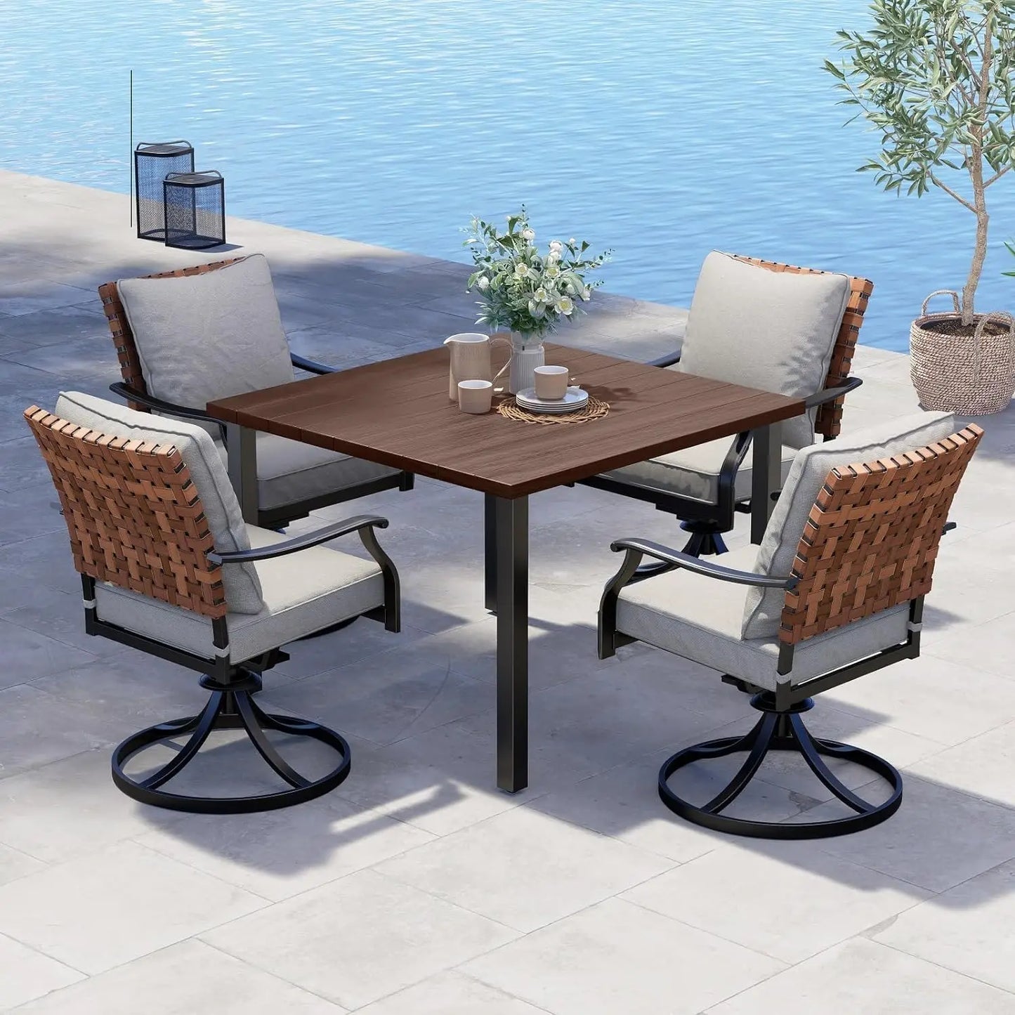 5 Piece Outdoor Dining Set Leather Look Wicker Chairs Table