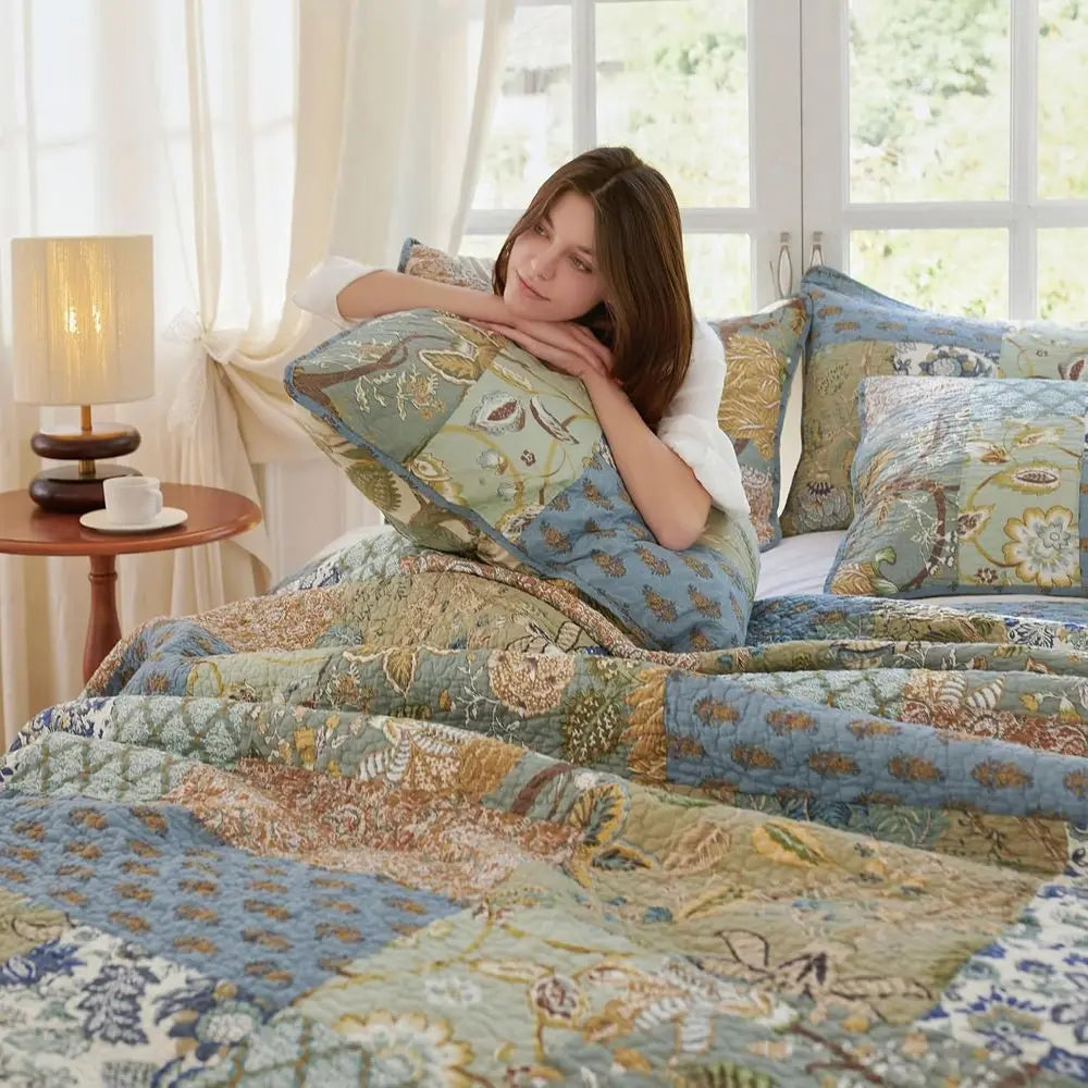 Oversized 100 Cotton California King Quilt Set Green Patchwork