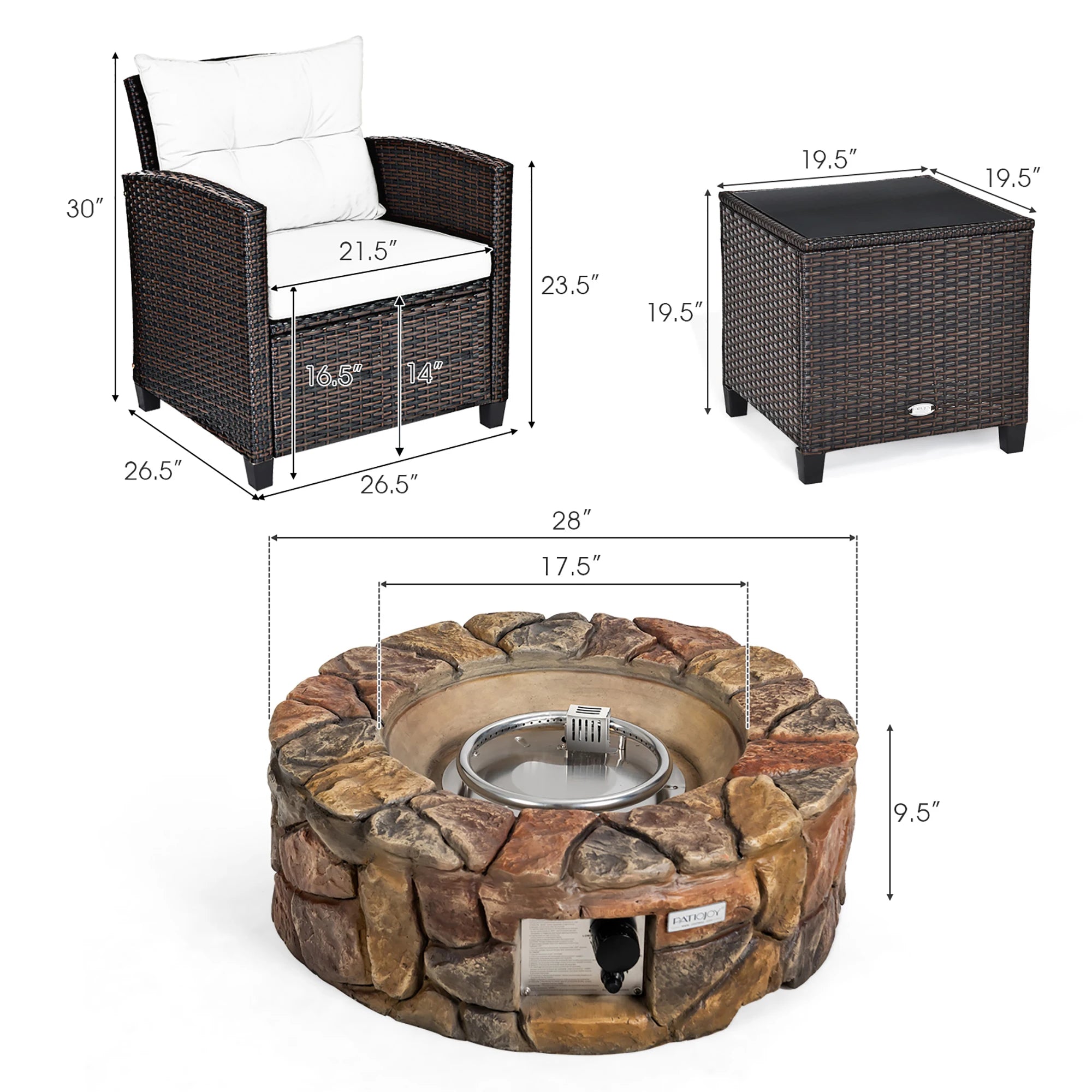7-Piece Patio Rattan Set With Gas Fire Pit Table Cushions