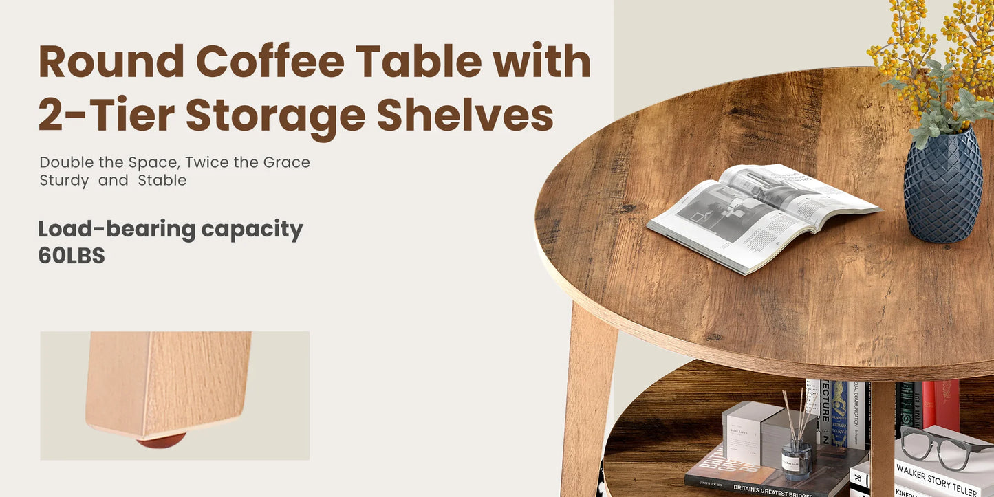JHK 32 Inch Round Wood Coffee Table With Hidden Storage