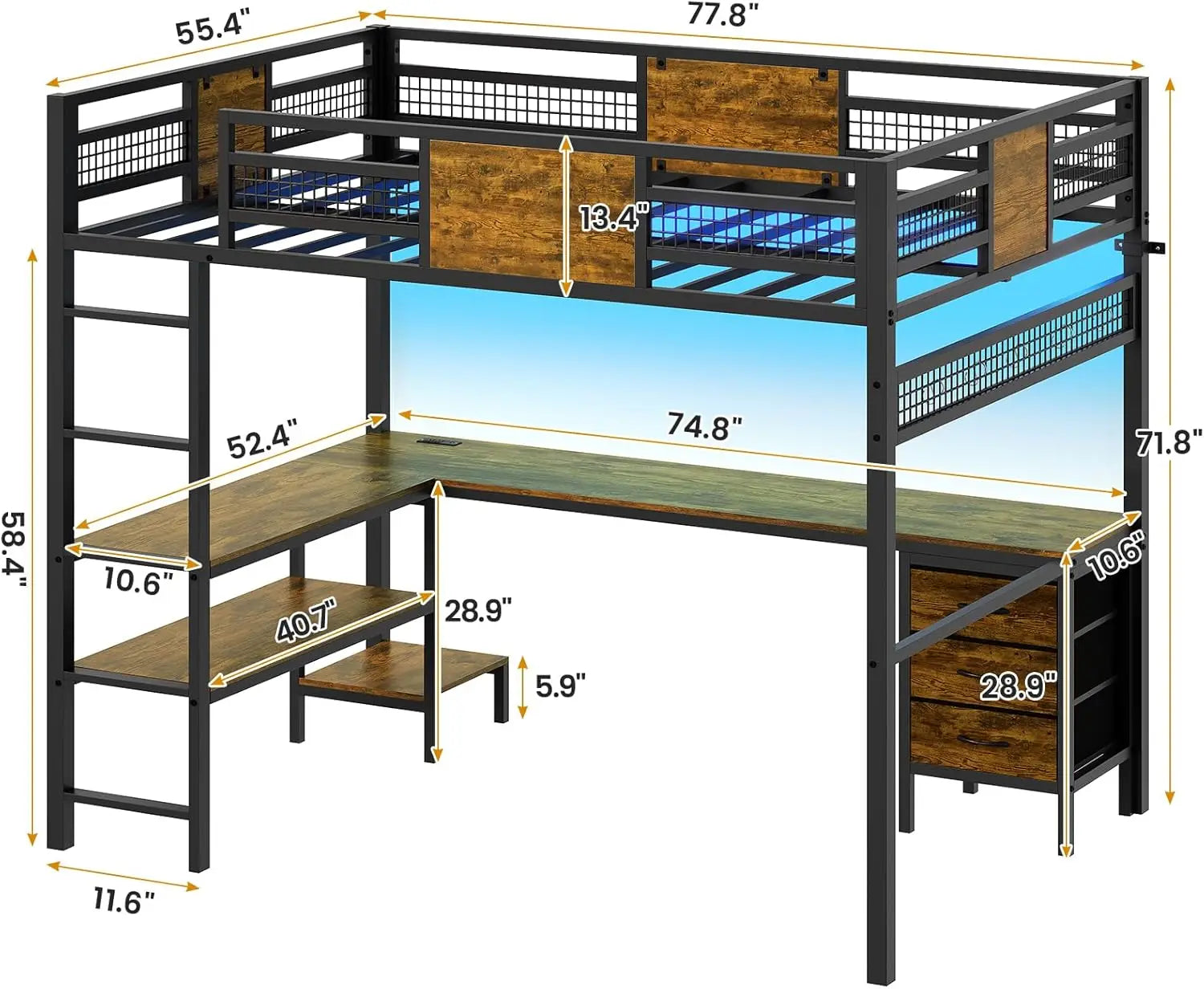 Full Size Loft Bed With L Shaped Desk RGB Lights Storage Drawers Shelves