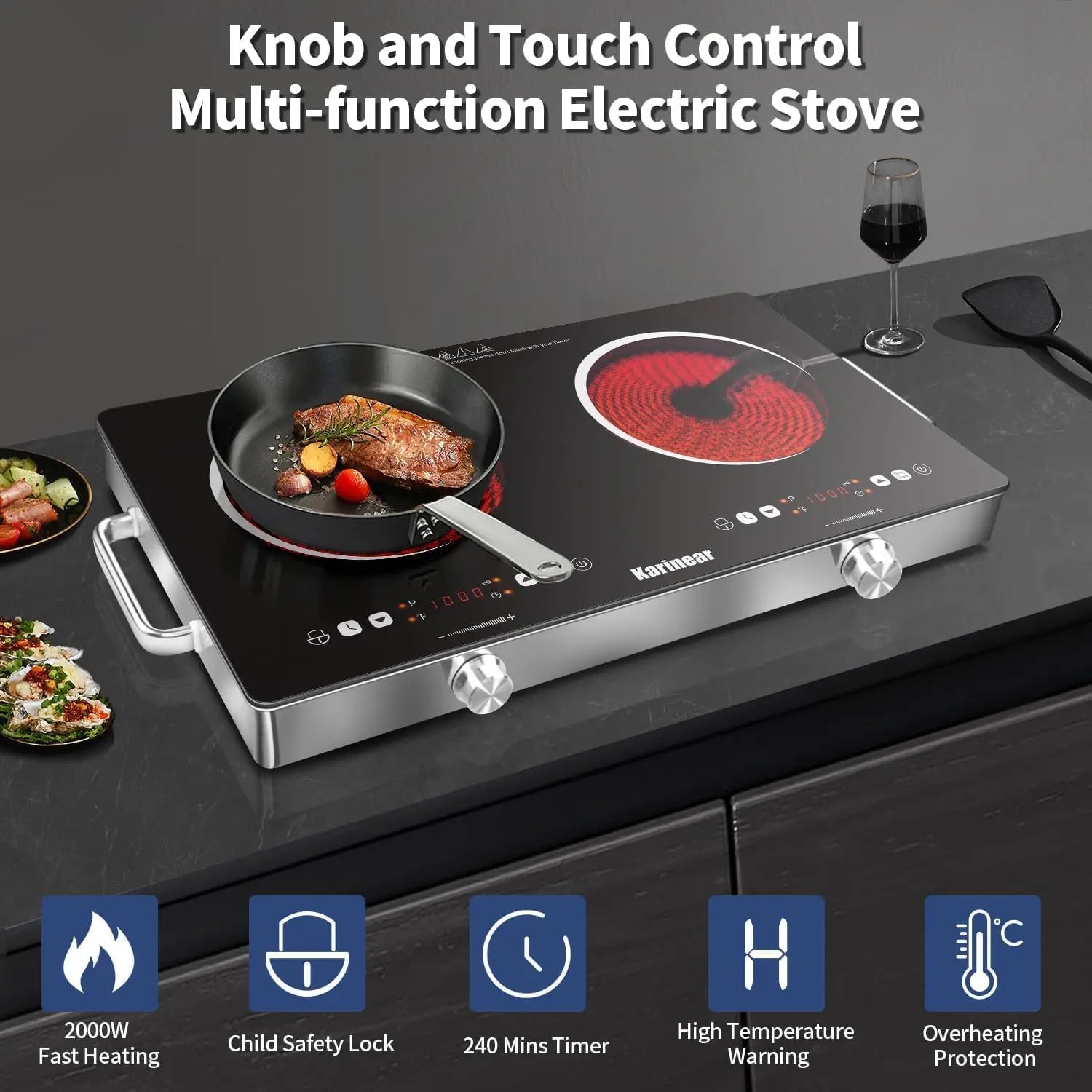 Karinear Dual Zone Ceramic Hob 3200W With Safety Lock Controls