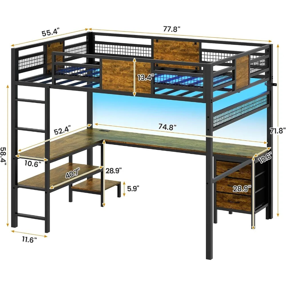 Full Size Loft Bed With L Shaped Desk RGB Lights Storage Drawers Shelves