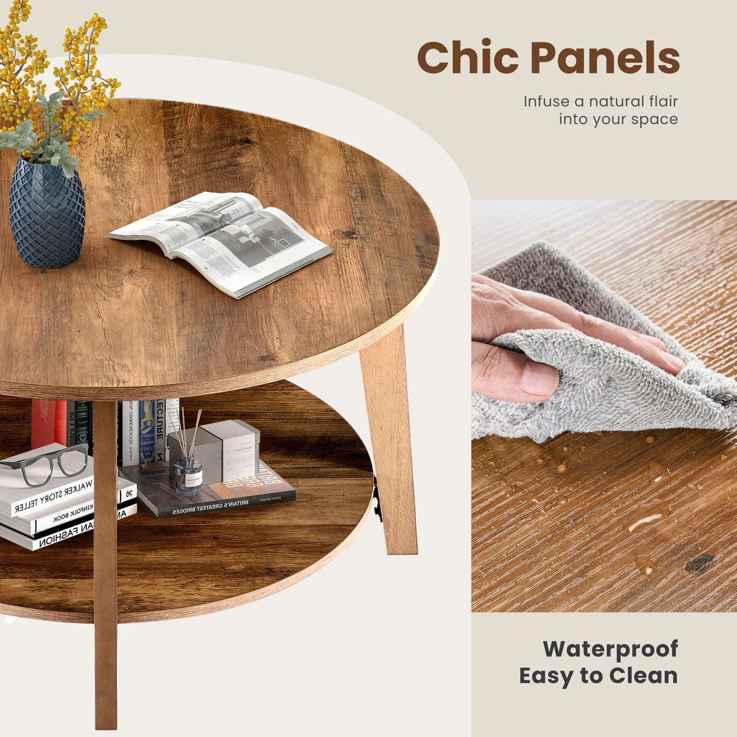 JHK 32 Inch Round Wood Coffee Table With Hidden Storage