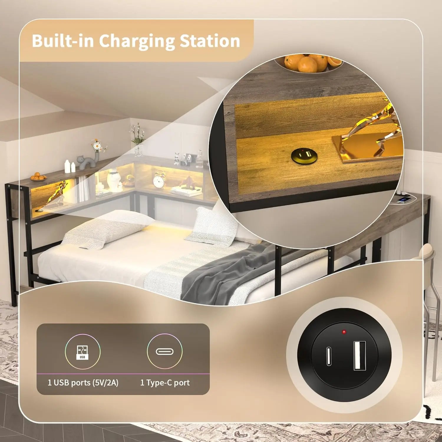 Corner Bed Frame With Storage Bookcase And LED Charging Station Metal Platform Twin Daybed With Drawers