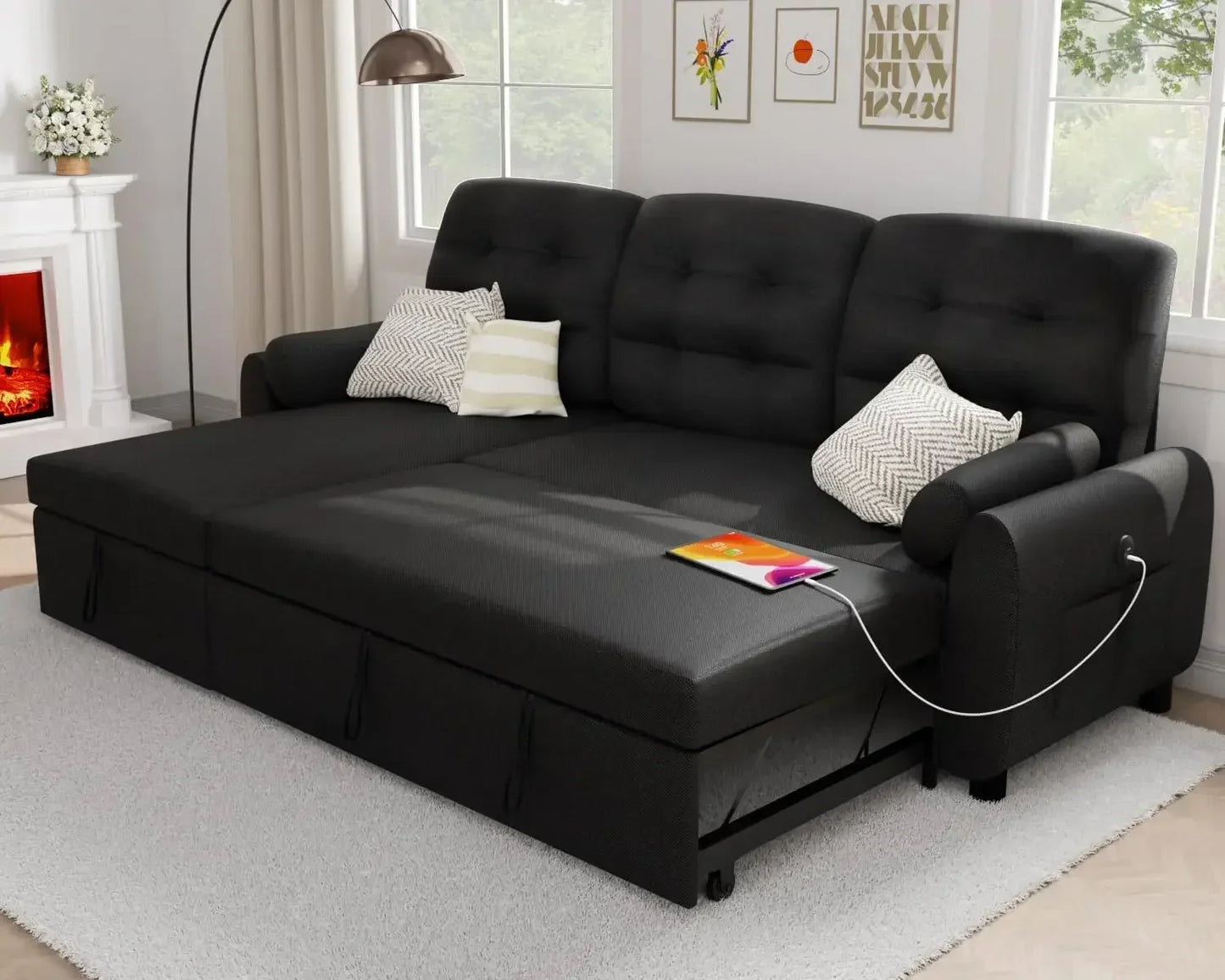 Sectional Sofa Couch, 87" Sleeper Sofa Bed with Reversible Storage Chaise Pull Out Couch for Living Room Linen Fabric, Black