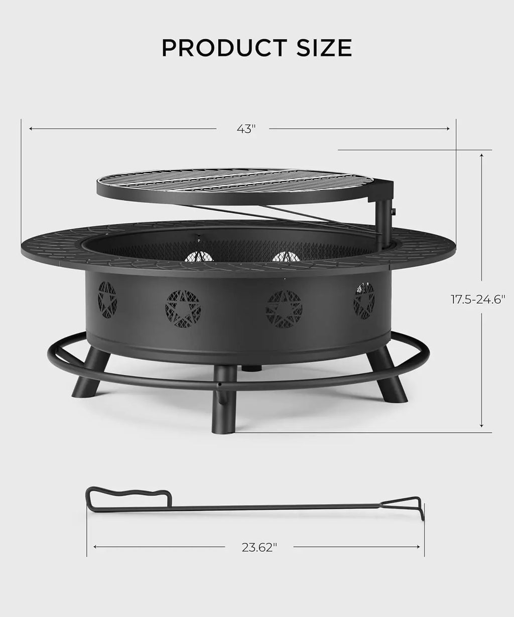 43 Inch Fire Pit With BBQ Grill Outdoor Wood Burning