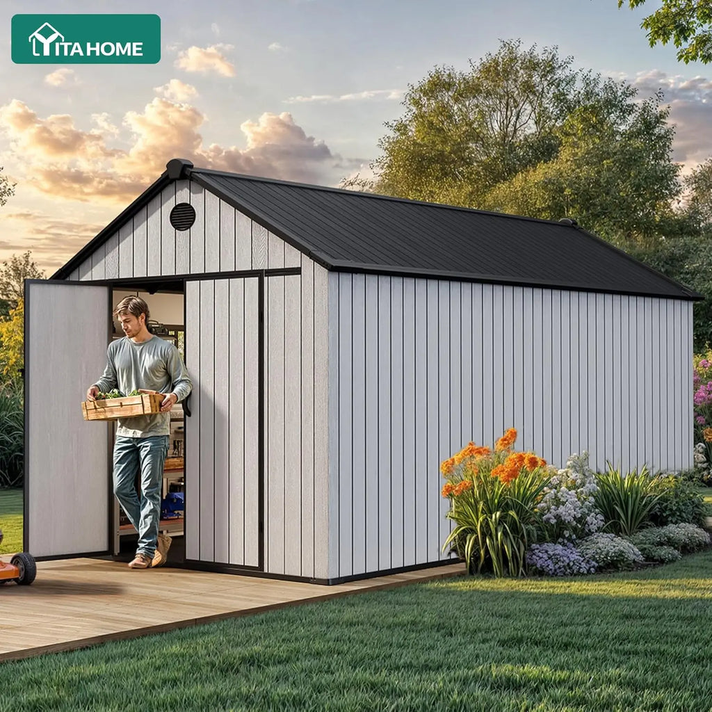 8x16 Ft Waterproof Outdoor Storage Shed With Floor Lockable Doors