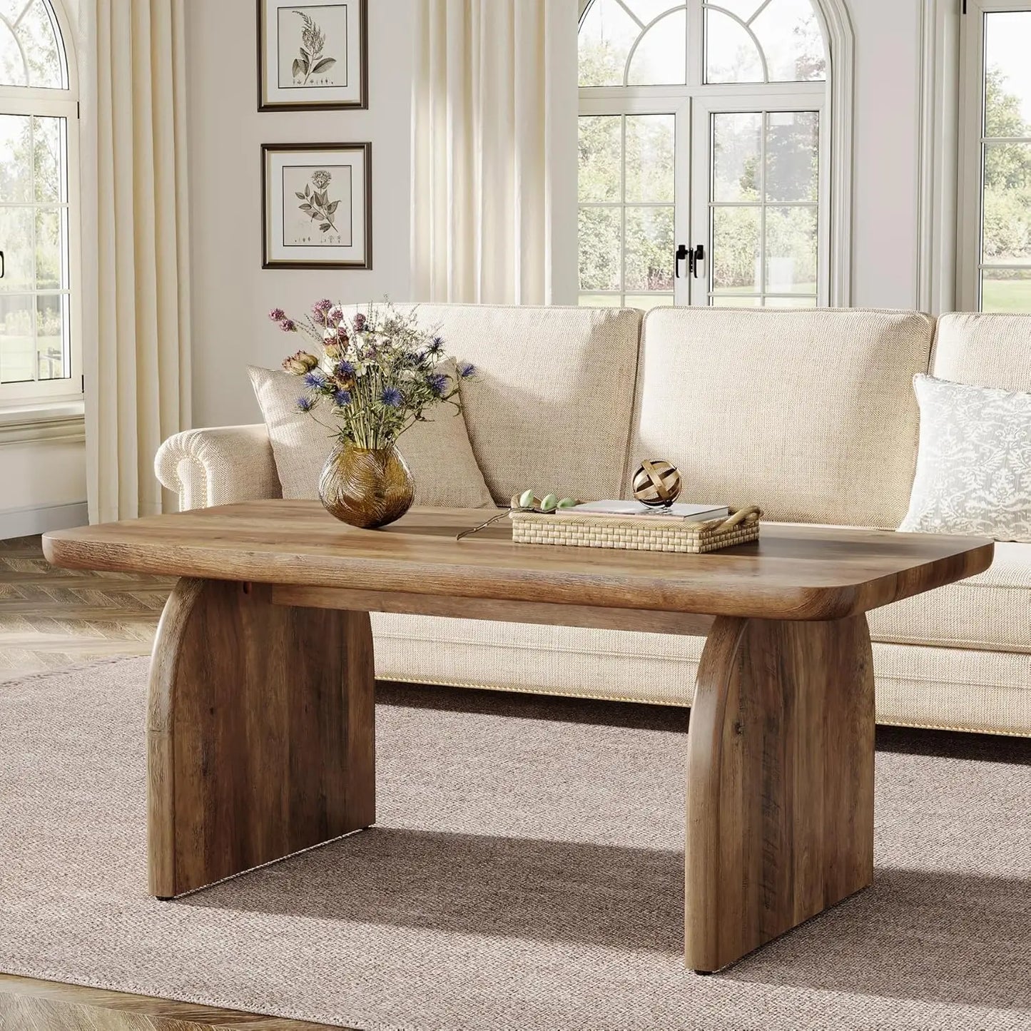 Rectangular Wood Coffee Table Farmhouse Center Table With Sturdy Base