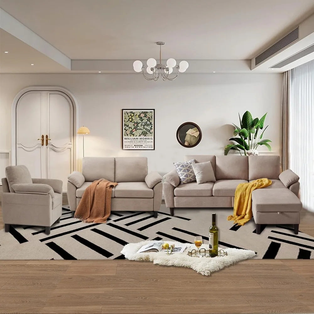 4 Piece Convertible Sectional Sofa Set, Modern Linen Small L Shaped Couch with Reversible Chaise, 3-Seater Sofa & Loveseat & Arm