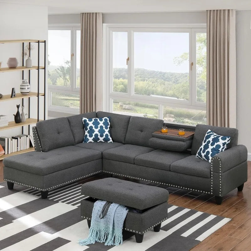 4 Seat Linen Upholstered Sectional Sofa Set 3 PCS W/Cup Holders & Coffee Table,for Home,Office,Dark Gray
