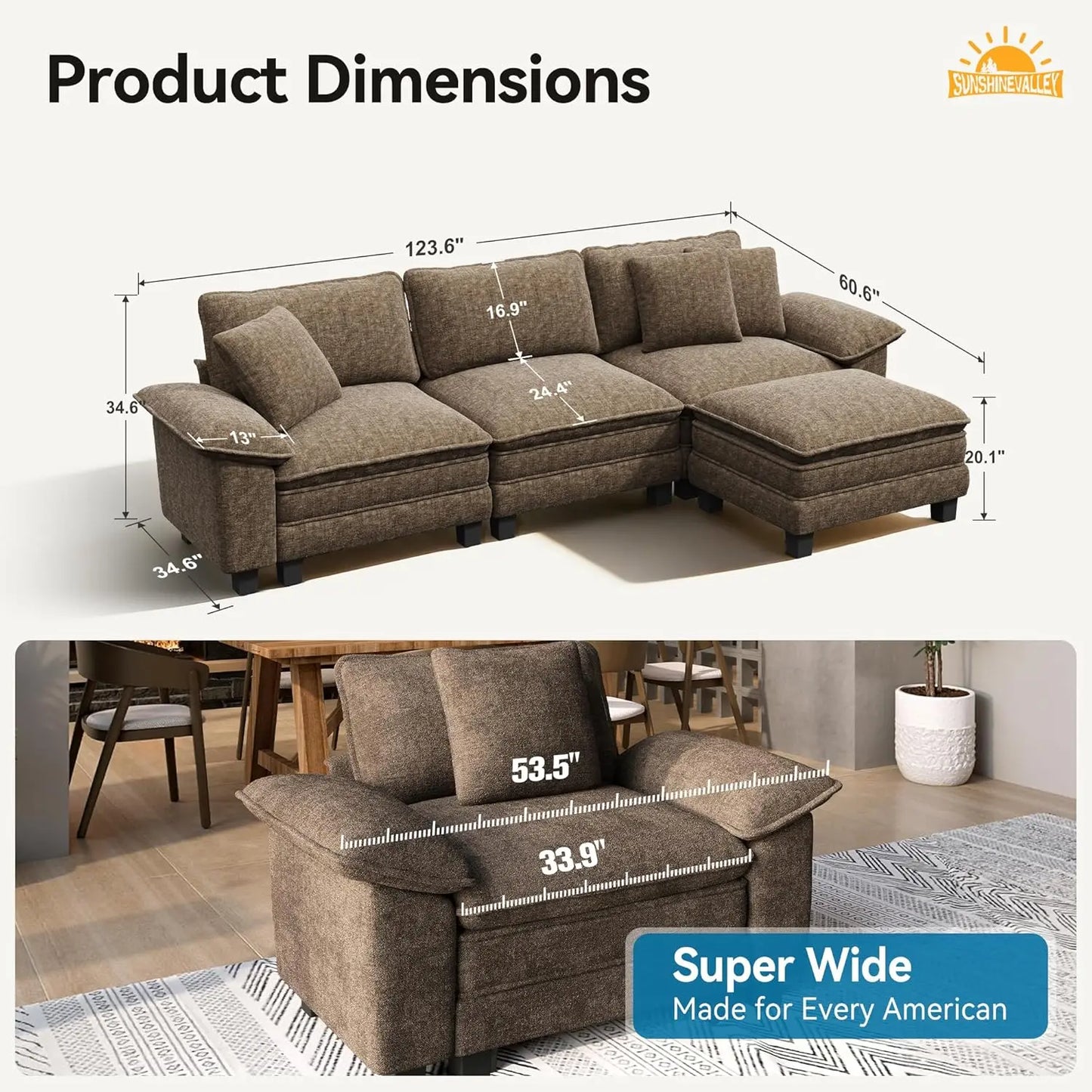 L Shaped Modular Cloud Chenille Sectional Sofa With Ottoman