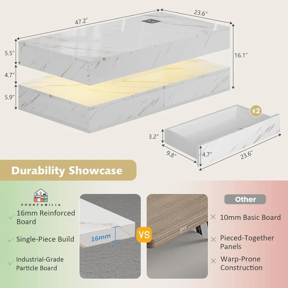 47.2 Inch Coffee Table With Storage Drawers And Wireless Charging