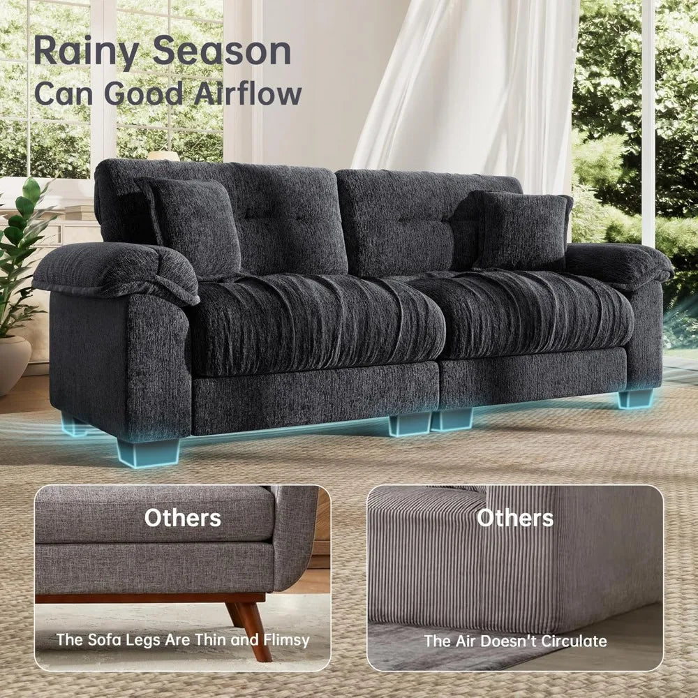 Luxury Chenille Fabric Cloud Couch Sofa, Comfortable Living Room Furniture, Wide Armrests Black Sofa for Apartments