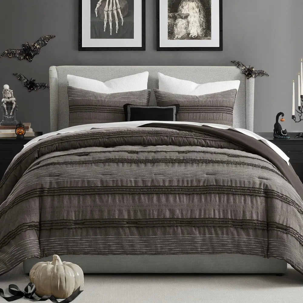 Dark Grey King Comforter Set With Striped Cotton Boho Shams