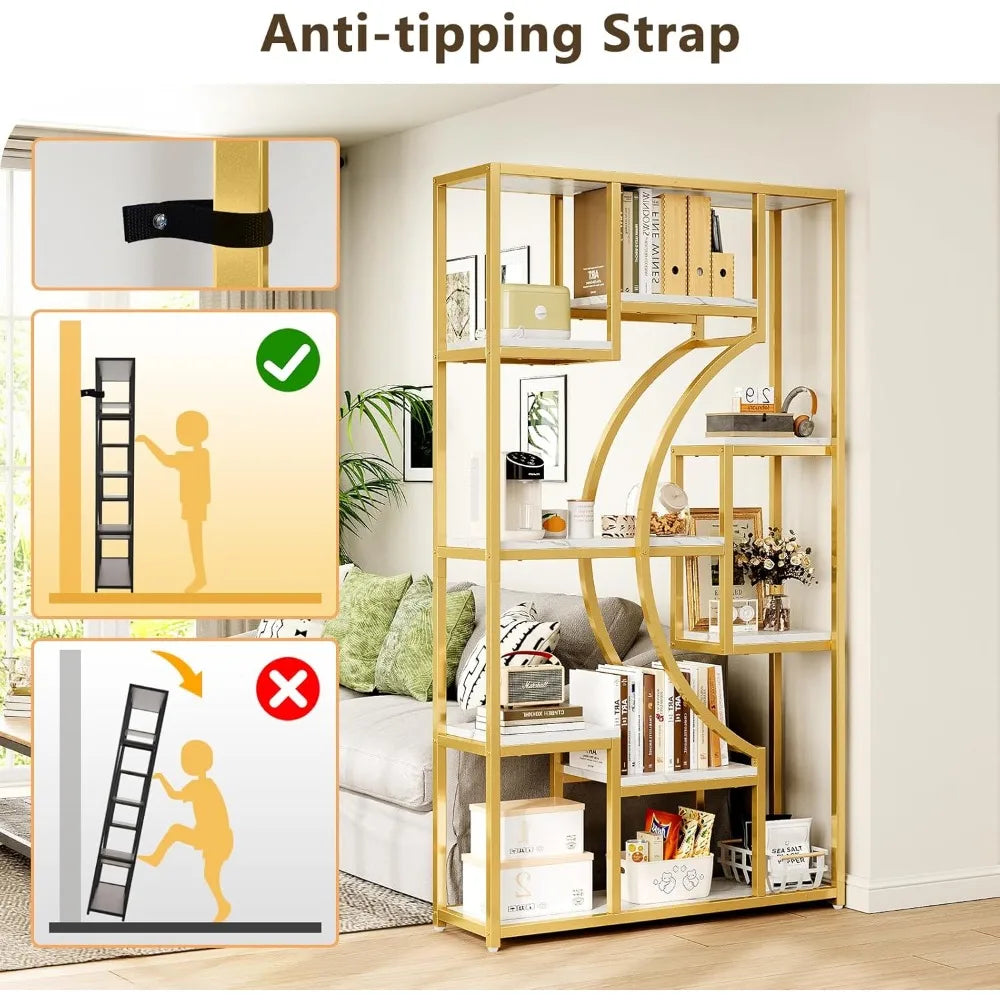 White And Gold Two Piece Bookshelf Set With Metal Frame