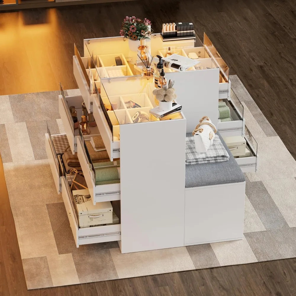 Armoire Wardrobe Closet Island with 9 Drawers, Led Lights, Glass Tabletop, Bedroom Island with Jewelry Organizer, Storage B