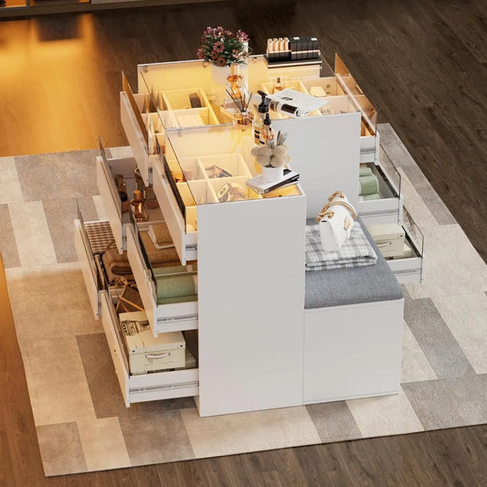 Armoire Wardrobe Closet Island with 9 Drawers, Led Lights, Glass Tabletop, Bedroom Island with Jewelry Organizer, Storage B