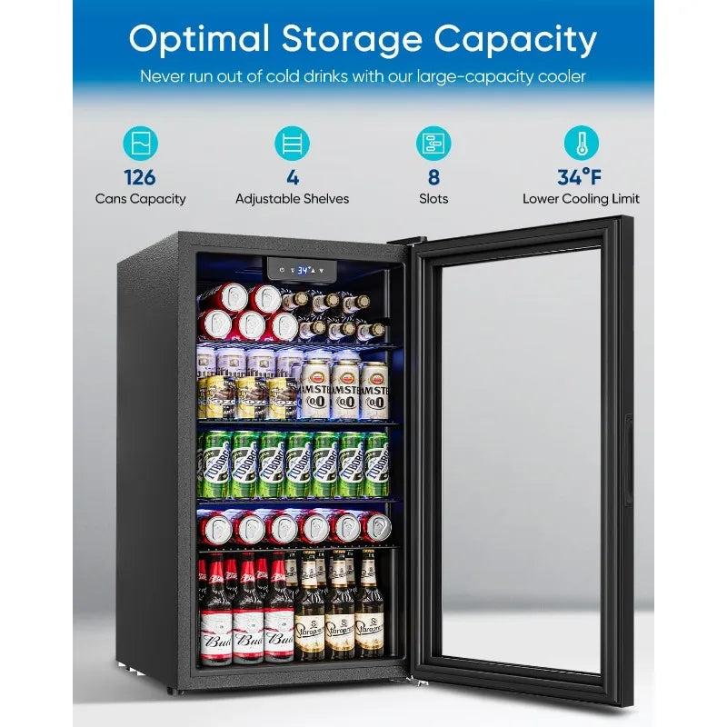 3.2 Cu.Ft Mini Fridge with Glass Door - 126 Can Beverage Refrigerator Cooler for Drink Beer Wine Soda,4 Adjustable Shelves,Black