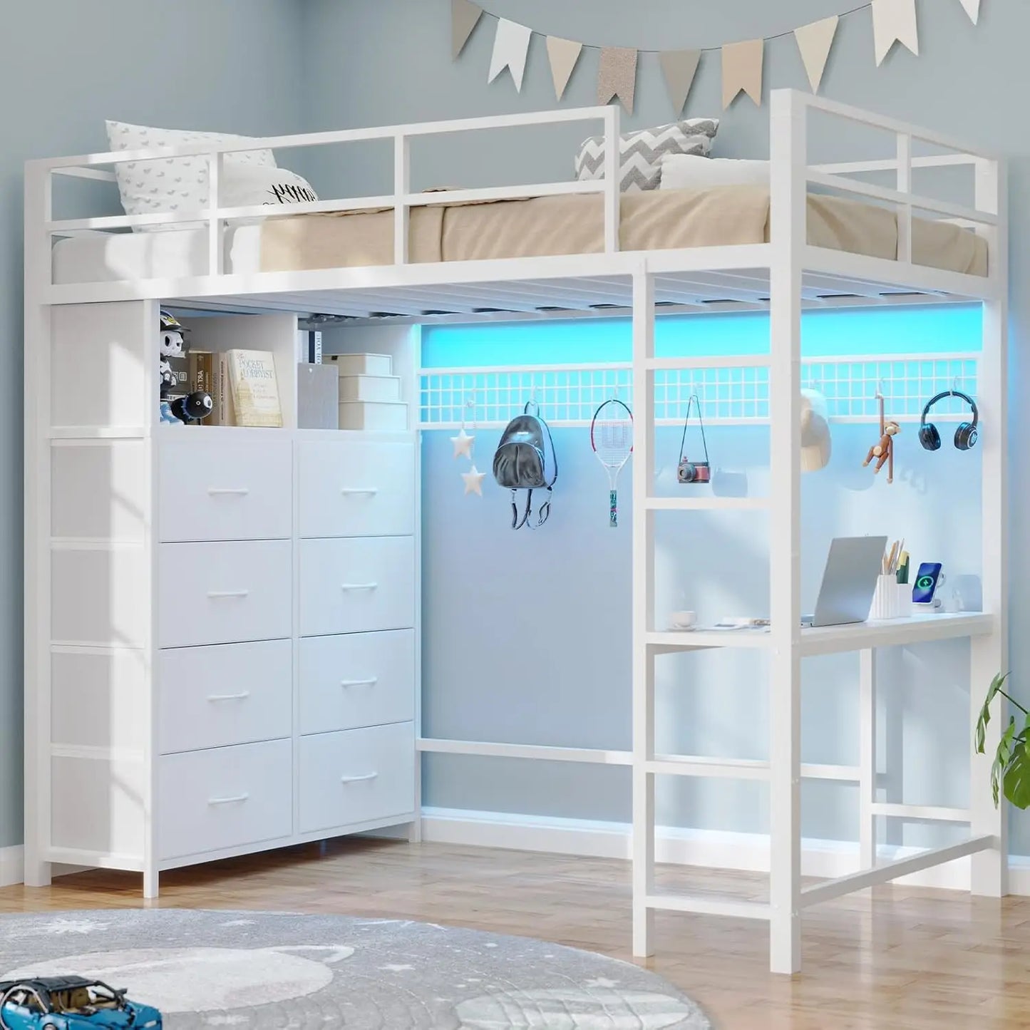 White Metal Twin Loft Bed With Desk And Storage Drawers