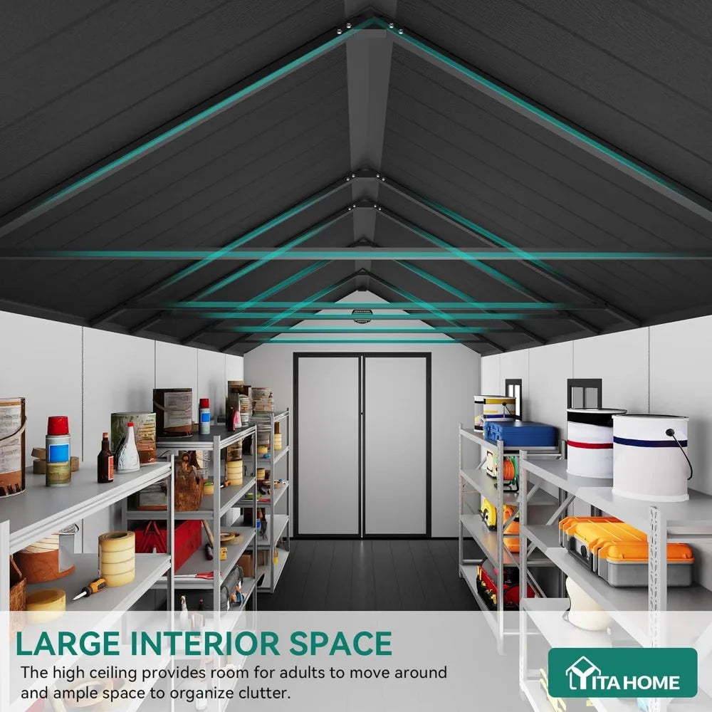 8x16 Ft Waterproof Outdoor Storage Shed With Floor Lockable Doors