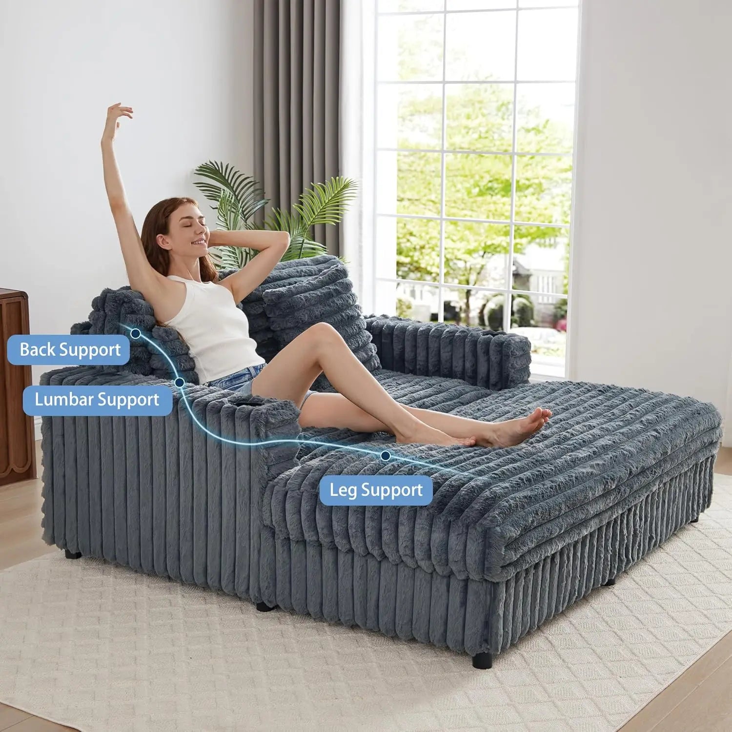 63Inch Plush Faux Rabbit Fur Chaise Loveseat With Charging Station