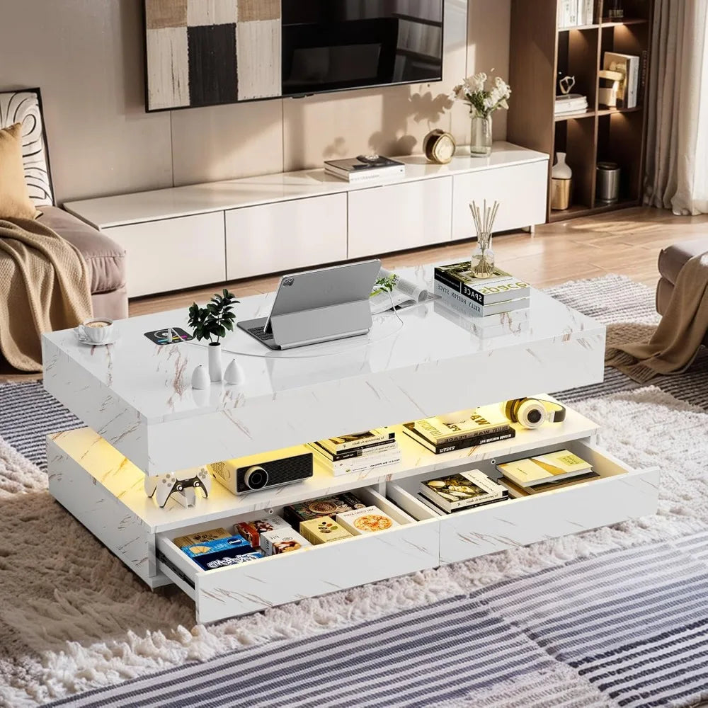 47.2 Inch Coffee Table With Storage Drawers And Wireless Charging