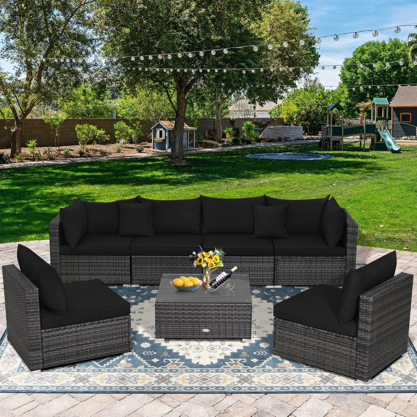7PCS Patio Rattan Furniture Set Sectional Sofa Cushioned Garden Black