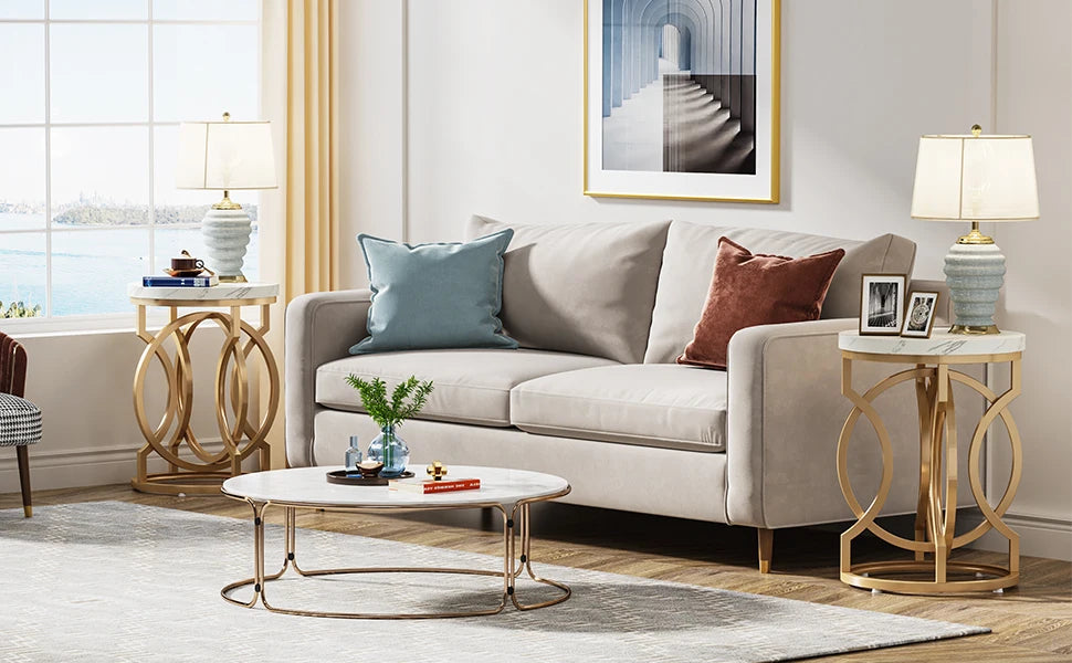 Round End Table With Faux Marble Top White Gold Nightstand