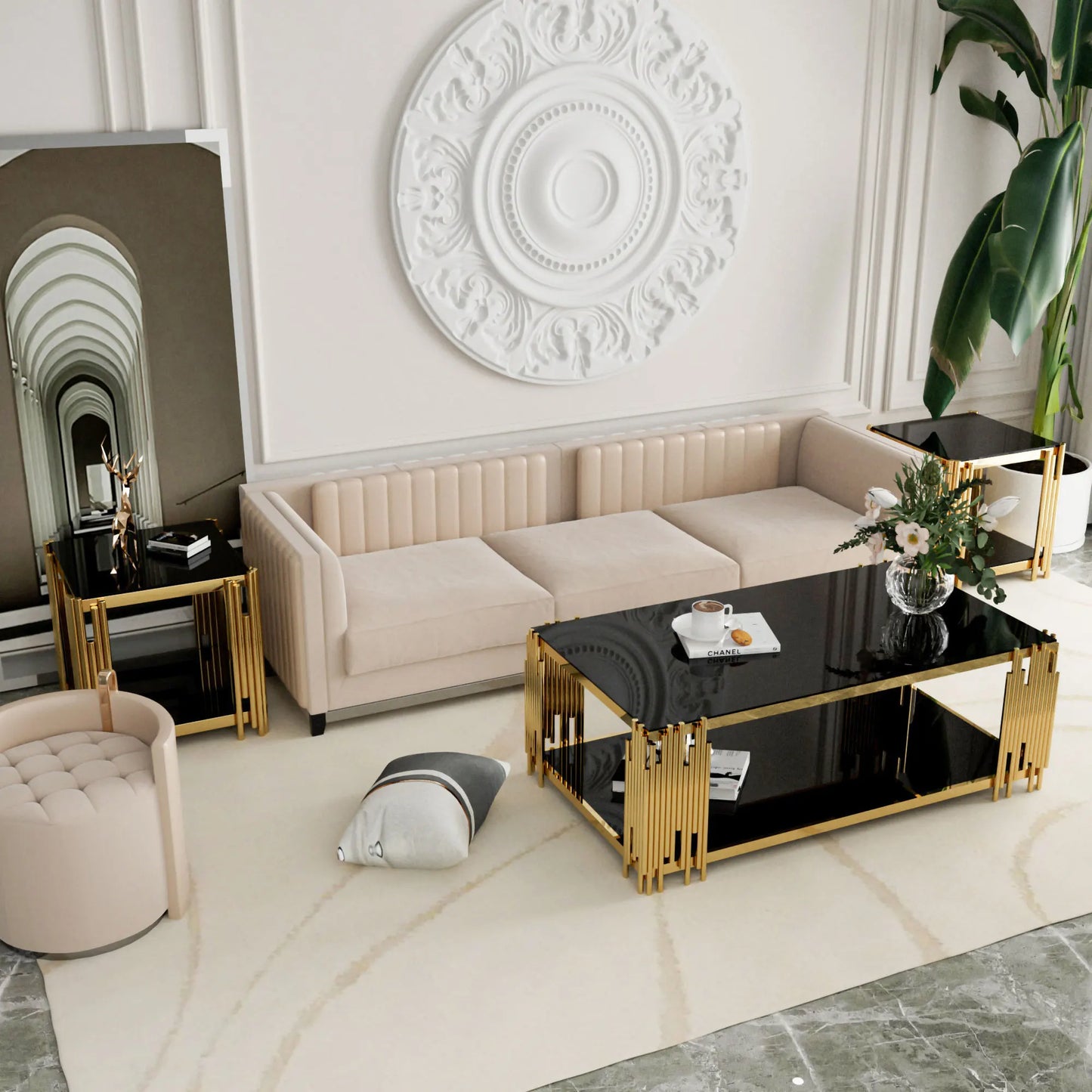 Rectangular Stainless Steel Glass Coffee Table With Gold Legs