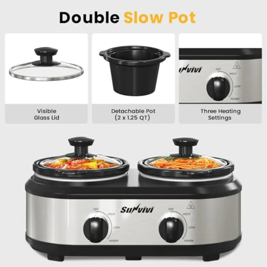 Compact Dual Slow Cooker Buffet Server And Food Warmer Lids