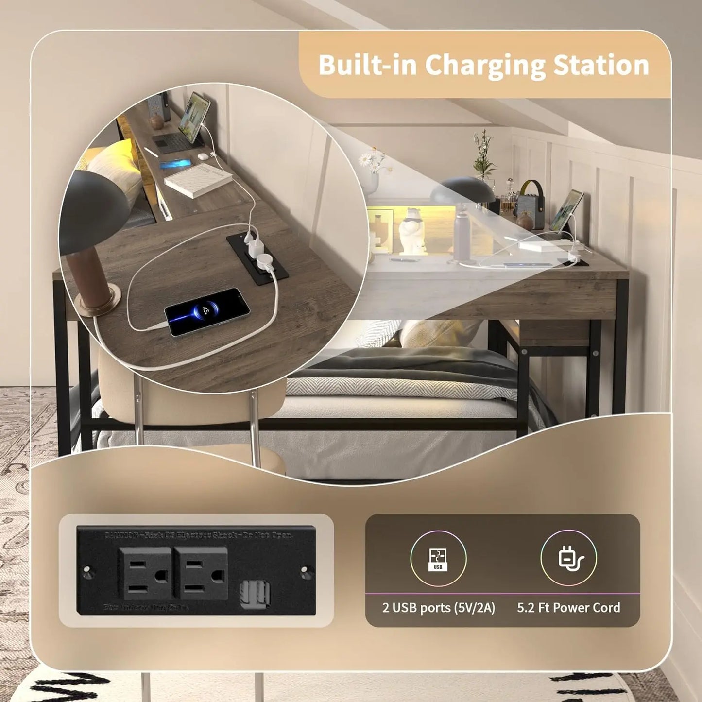 Corner Bed Frame With Storage Bookcase And LED Charging Station Metal Platform Twin Daybed With Drawers