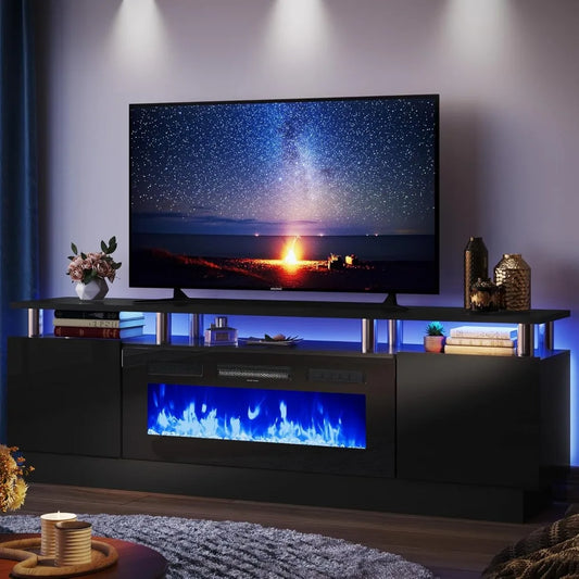 Fireplace TV Stand with 36" Fireplace, 70" Modern Electric Floating TV Stands Wall Mounted, TV Console Cabinet High Gloss Enter