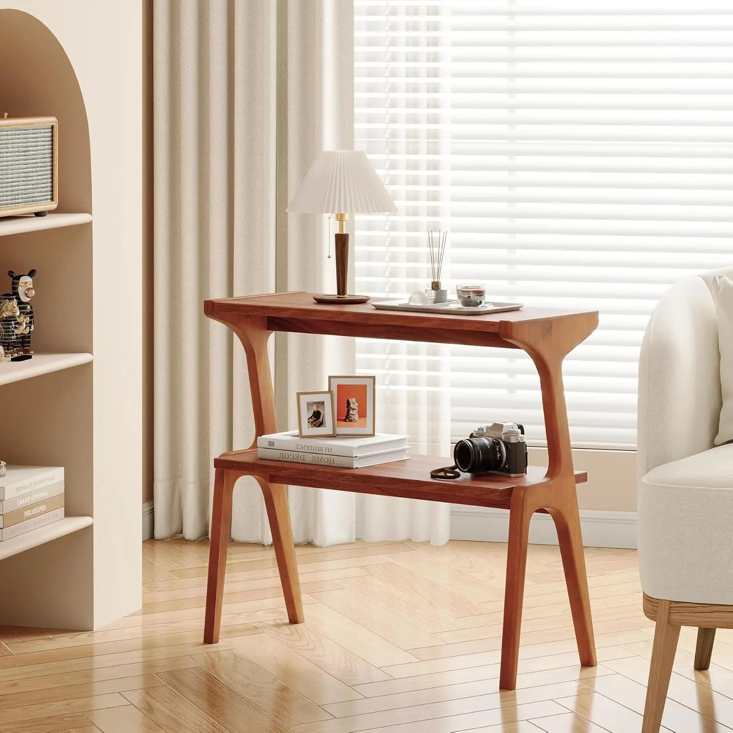 Solid Wood End Table Two Tier Storage Shelf Living Room