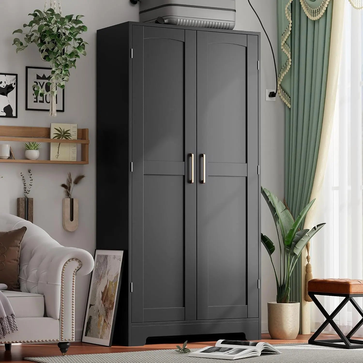 Modern Wooden Armoire Wardrobe Closet With Doors And Shelves