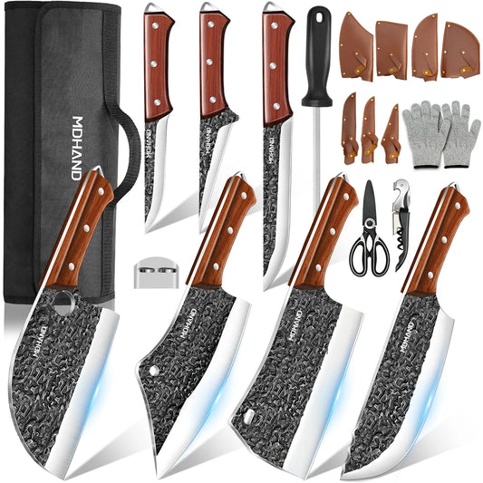 14 Piece Hand Forged Butcher Knife Set With Roll Bag