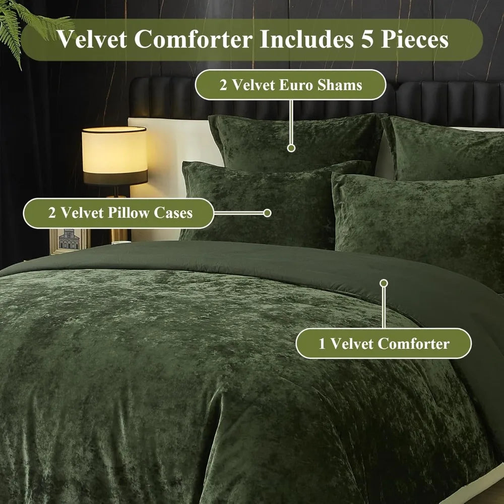 Crushed Velvet Comforter Set Queen Green Comforter Set 5pcs Ultra Soft Lightweight Breathable Bedding Set Luxury Cozy Fl