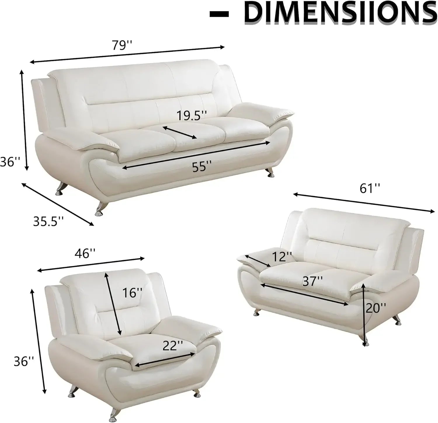 3 Piece Living Room Couch Set, Faux Leather Sofa Set, Modern Sofa Couch Set Living Room Furniture (Sofa+Loveseat+Chair)