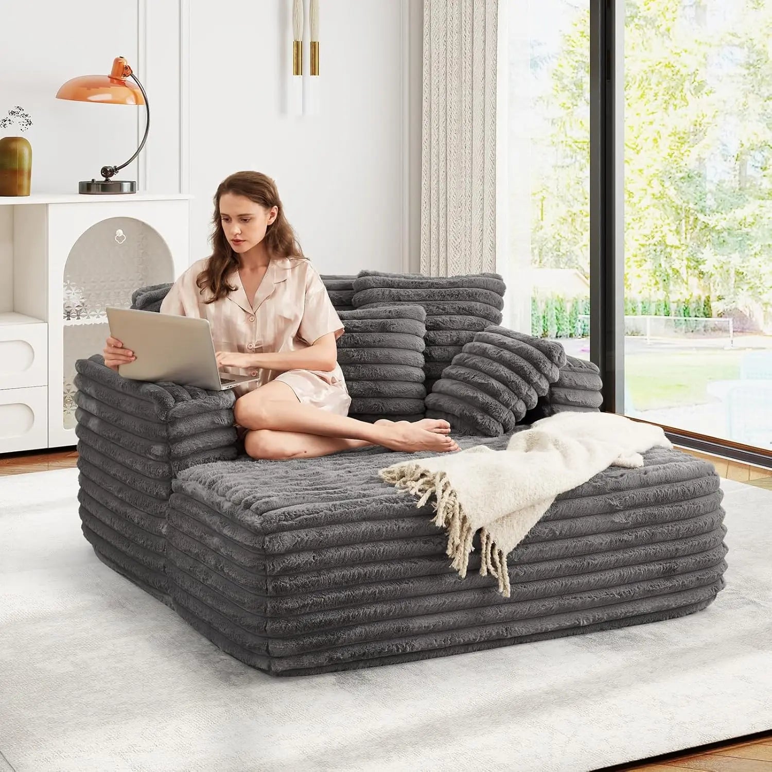 56 Inch Wide Indoor Chaise Lounge Chair Plush Fur Sofa