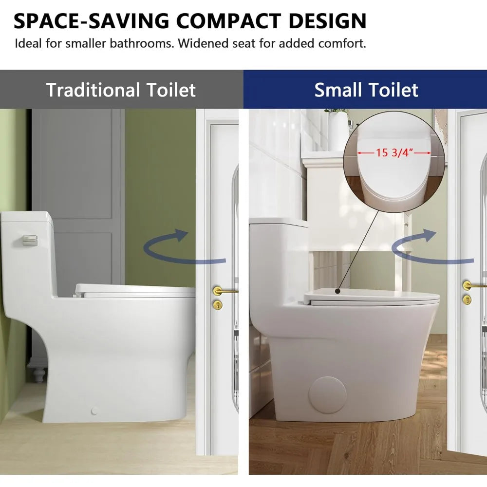 DeerValley Compact One Piece Toilet Elongated, Modern Toilet with Soft Close Seat Ceramic Glossy for Small Bathroom Space