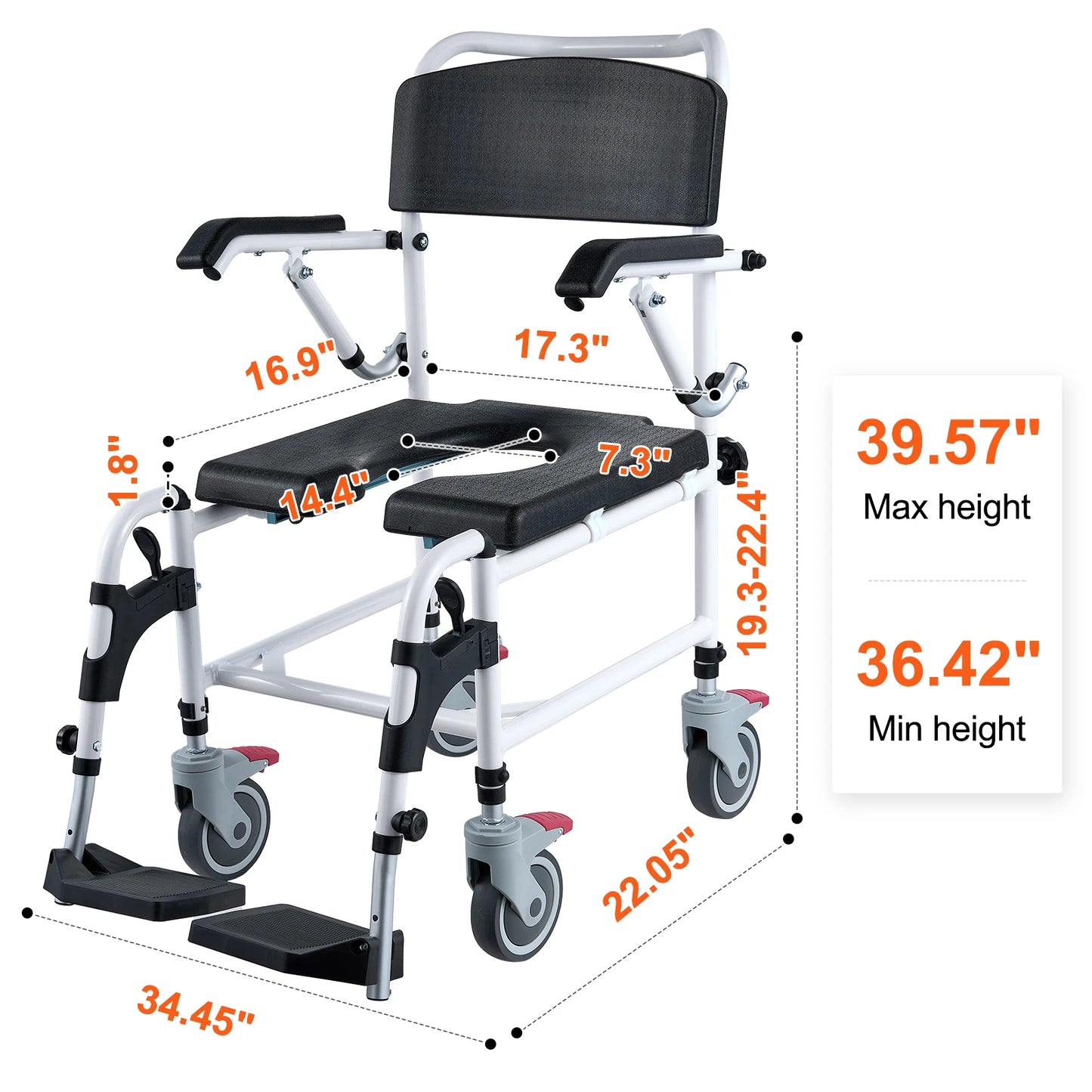SucceBuy Shower Commode Wheelchair with 4 Lockable Wheels Footrests Flip-up Arms 3-Level Adjustable Height 5L Removable Bucket