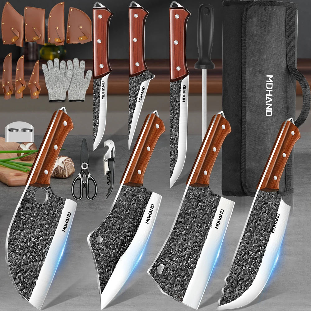 14 Piece Hand Forged Butcher Knife Set With Roll Bag